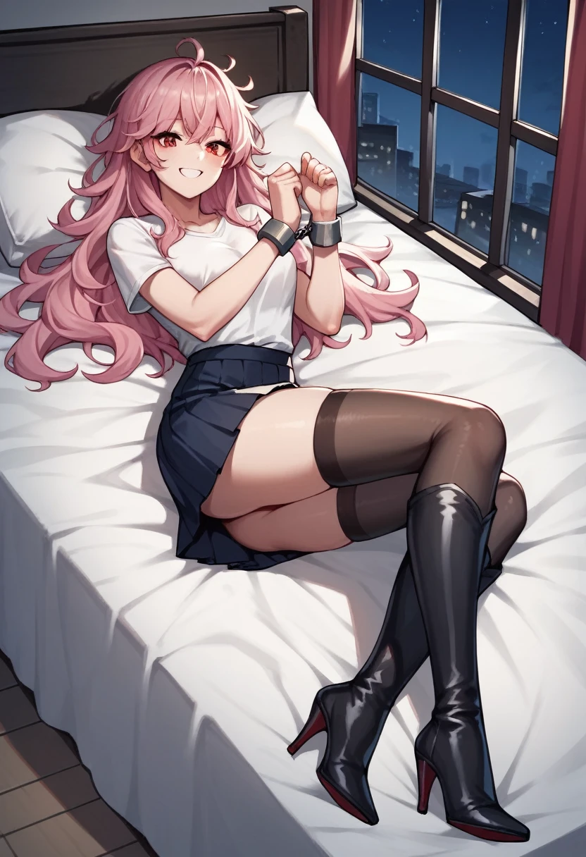 score_9, score_8_up, score_7_up, score_6_up, score_5_up, score_4_up, source_anime, 1girl, to call to yourself, bed, she was lying down, pink hair, long hair, red eyes, shackles, putting arms, smile, messy hair, white shirt, bracelets, skirts, black thigh high boots, heels, room, night, windows, best quality, best res, 4K UHD,