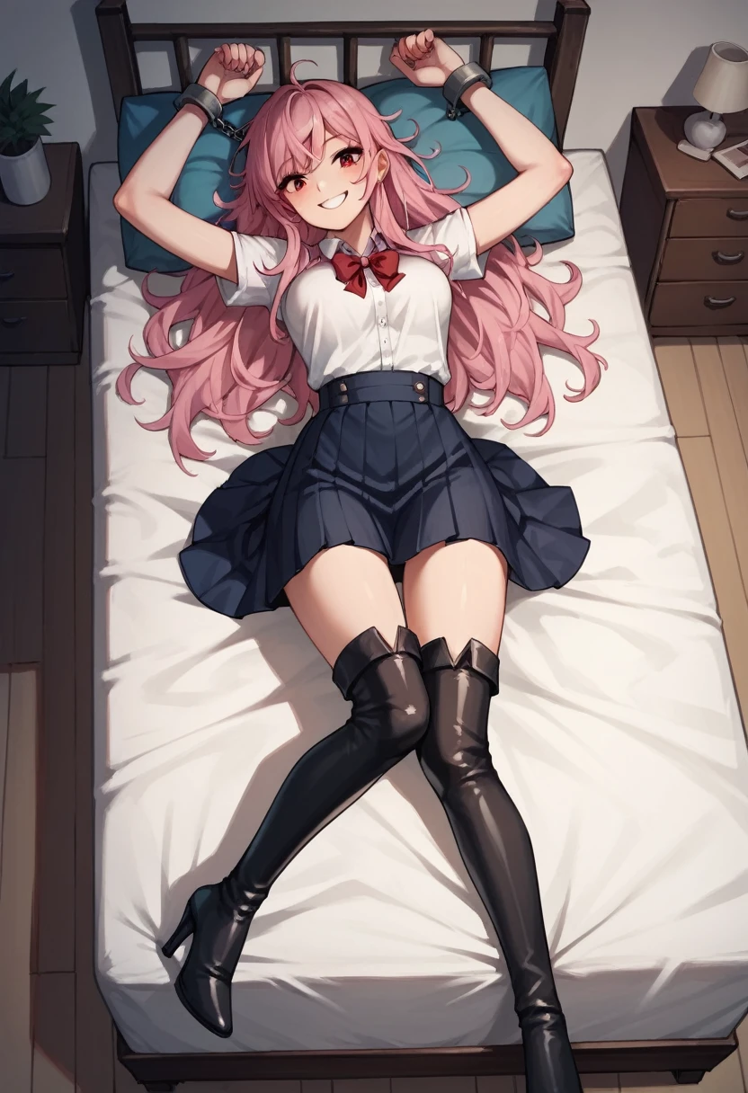 score_9, score_8_up, score_7_up, score_6_up, score_5_up, score_4_up, source_anime, 1girl, to call to yourself, bed, she was lying down, pink hair, long hair, red eyes, shackles, putting arms, smile, messy hair, white shirt, bracelets, skirts, black thigh high boots, heels, room, night, windows, best quality, best res, 4K UHD,