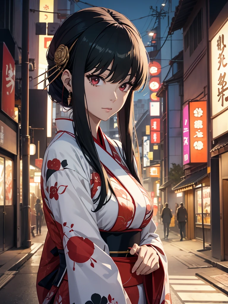 Yor foger form spy x family anime, 1woman, wearing a long Japanese kimono, at a Japan city, yor's hair style, 8k, high detailed, high quality