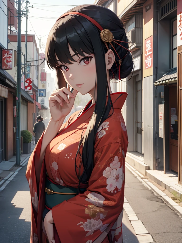Yor foger form spy x family anime, 1woman, wearing a long Japanese kimono, at a Japan city, yor's hair style, 8k, high detailed, high quality