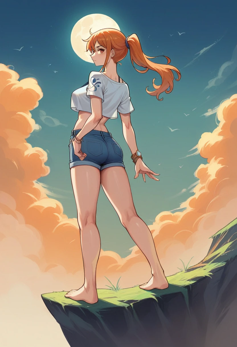 1girl, ar by Eiichirio Oda, midnight, half moon, nami standing on the edge of a cliff, nami is wearing a cropped t-shirt, the t-shirt is tight and orange colour, short denim, ponytail, bra strap visible on shoulder, looking back at the viewer, full body image, sea after the cliff