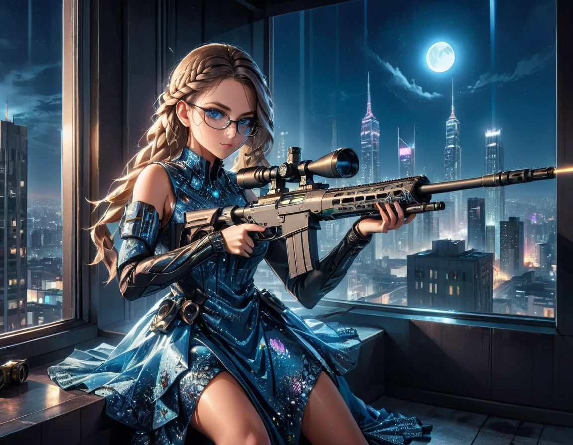 a portrait picture of a 1single woman sniper, standing in a window aiming a sniper rifle, an exotic beautiful woman sniper, dynamic hair, braided hair, full body shop, intense blue eyes, wearing intricate glasses ultra detailed face, wearing (intricate evening dress: 1.5), elegant dress, dynamic color, dynamic style, wearing elegant stiletto heels , behind a window in a tall building at nigh, aiming a Light Sniper Rifle , cyberpunk city background, its night time, moon rays, some clouds,  (full body shot: 1.1) , vibrant, Ultra-high resolution, High Contrast, (masterpiece:1.5), highest quality, Best aesthetics), best details, best quality, highres, ultra wide angle, 16k, [ultra detailed], masterpiece, best quality, (extremely detailed) Sniper Rifle, evening dress
