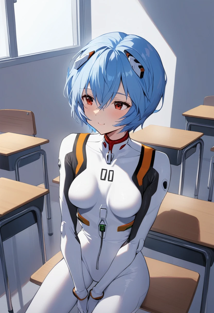 One girl, Ayanami Rei, alone, Red eyes, Plug Suit, short hair, Blue Hair, chest, Bodysuits,whole body, white Bodysuits, School classroom、 Interface Headset, bangs, Mouth closed, A little smile、Hair between the eyes, medium chest, high quality, slow,