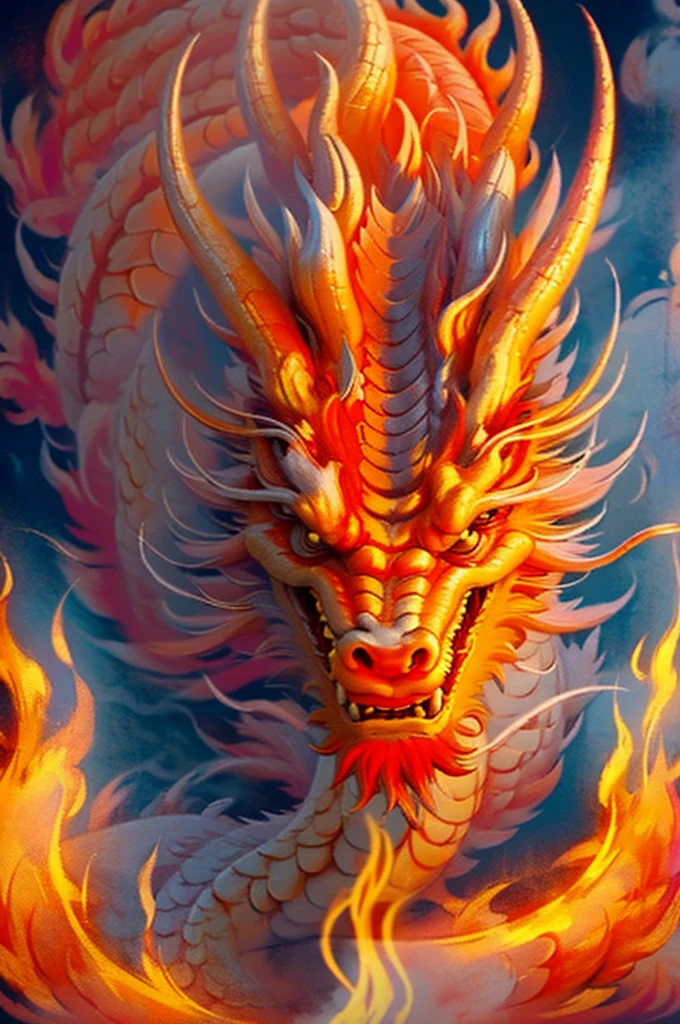 Dragon made of pure fire turned slightly to the right, made of pure fire, facing slightly to the right, close up, red dragon, dragon extremely close to the viewer, open mouth, Chinese Dragon,