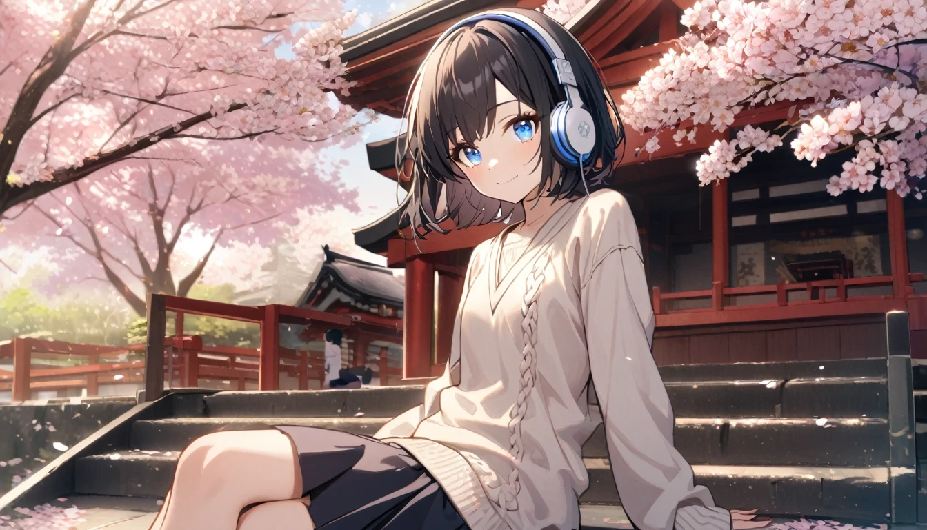 1girl, solo, gentle smile on her face flat chest, short hair, black hair, blue eyes, (detailed eyes), wearing a sweater, black skirt, medium hair, headphone, because, teen, Japanese high school girl. She is sitting at the shrine,cherry blossoms,Cherry blossoms