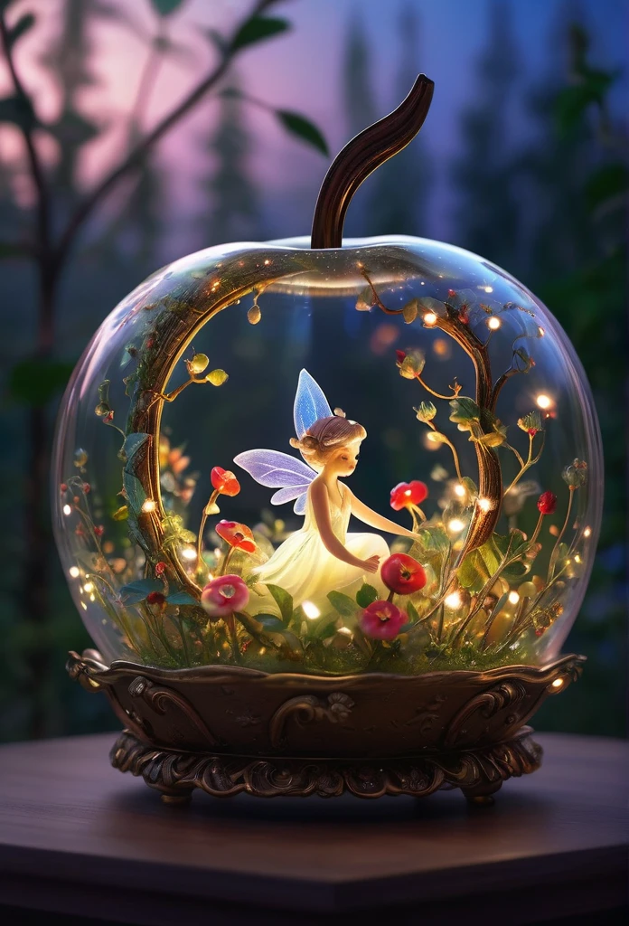 (( tiny fairy))inside apple shaped glass,transparent,flowers,lights,night,forest,,hyper detailed,highest quality,delicate,surprising beauty,mystical setting,3d,