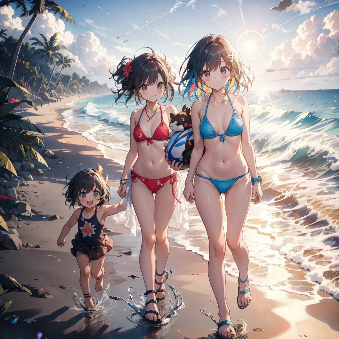 Family of 3 running At the Beach with balloons in hand, happy Sisters, people At the Beach, sunny day At the Beach, sunny, photographphotograph, stock, The Best of Adobe Stock, 広告photograph, At the Beach, shutter, photograph, good morning, (colorful), vacations photos, Sisters, vacations, At the Beach, sunny day,Micro Bikini,