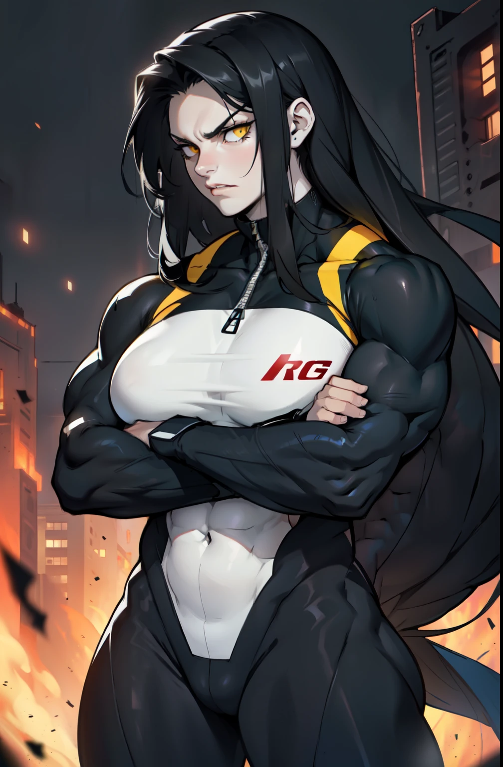 pale skin solo 1 girl black hair yellow eyes angry very long hair dark atmosphere ((huge breasts bodybuilder toned body muscular)) white skinsuit