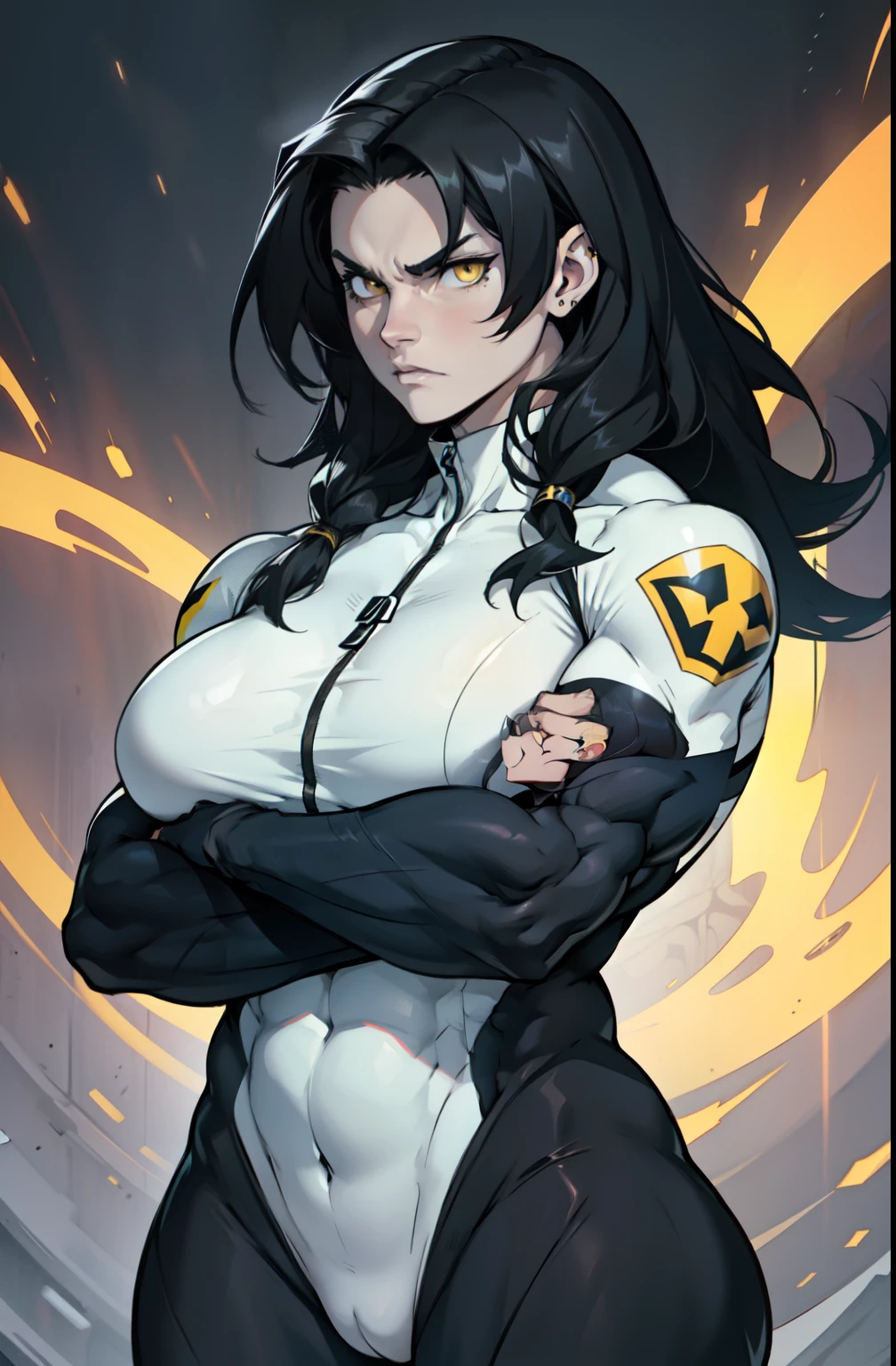 pale skin solo 1 girl black hair yellow eyes angry very long hair dark atmosphere (huge breasts bodybuilder toned body muscular) skinsuit crossed arms girl