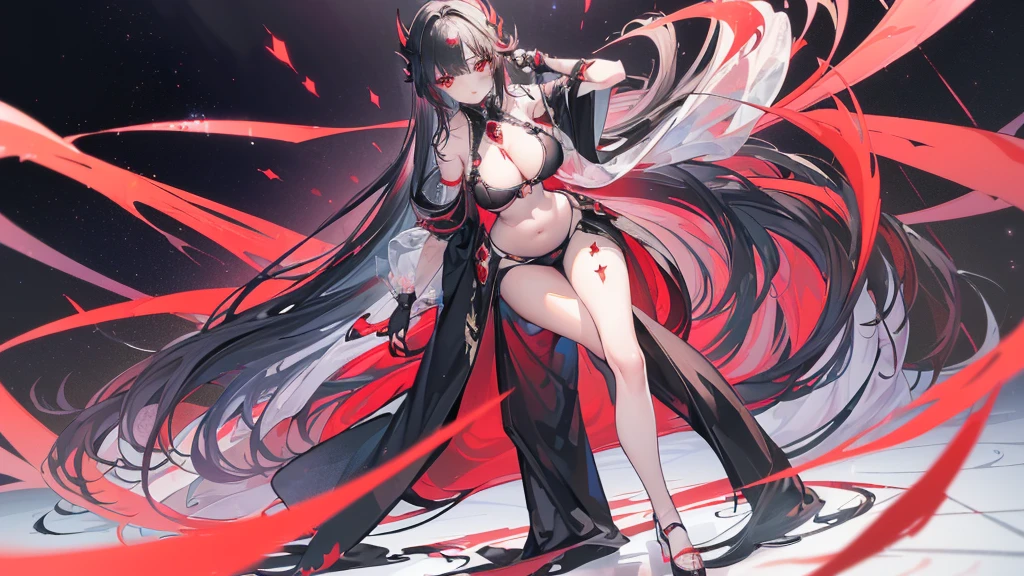 (Exquisite eyes),(Clear and beautiful eyes:1.61),masterpiece, 1 young girl,(Black clothes and some red gems), Black long hair, (She has a huge red gem on her chest), Good Hand,((The Havoc of StarCraft)),full-body shot,Fighting Stance,(Red Eyes:1.466),short and small,(Very big breasts:1.35),(Pretty Face),(full-body shot:1.33),Beautiful hands