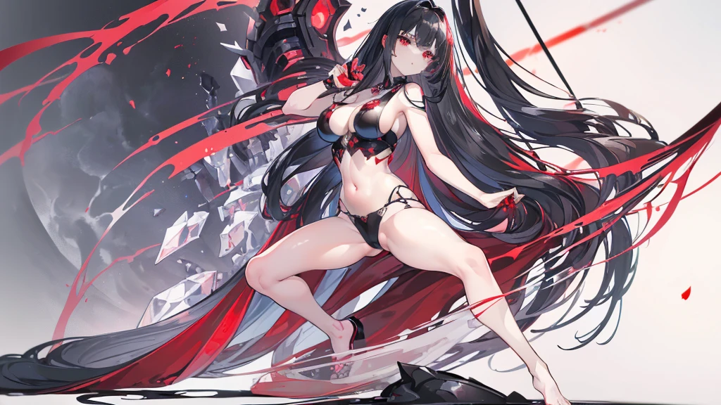 (Exquisite eyes),(Clear and beautiful eyes:1.61),masterpiece, ung girl,(Black clothes and some red gems), Black long hair, (She has a huge red gem on her chest), Good Hand,((The Havoc of StarCraft)),full-body shot,Fighting Stance,(Red Eyes:1.466),short and small,(Very big breasts:1.35),(Pretty Face),(full-body shot:1.33),Beautiful hands