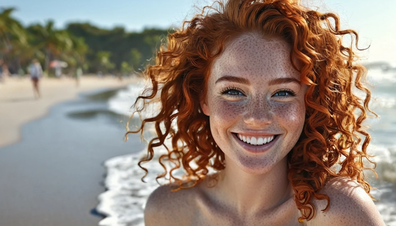beautyfull curly redhead girl,big smile, little freckles, realistic portrait masterpiece,best quality,ultra_detailed,bellissima,1girl, solo, , ((naked girl))(( full body)) in the beach