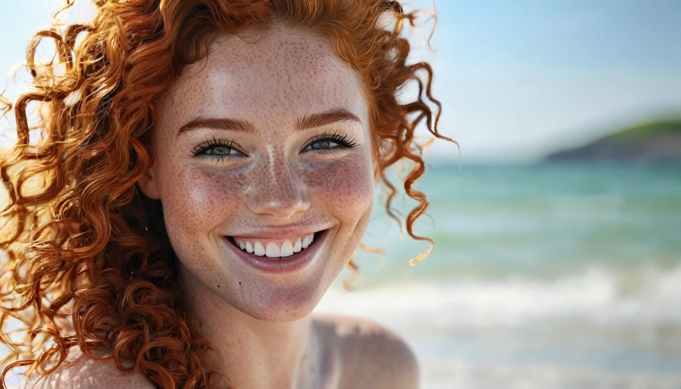 beautyfull curly redhead girl,big smile, little freckles, realistic portrait masterpiece,best quality,ultra_detailed,bellissima,1girl, solo, , ((naked girl))(( full body)) in the beach