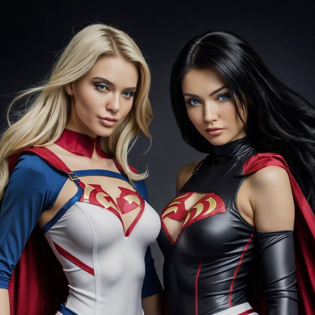 two women dressed in superhero costumes posing for a photo, in style of marvel and dc, zenescope, artgerm and ilya kushinov, artgerm and grek rutkowski, publicity cosplay, artgerm and lois van baarle, aly fell and artgerm, artgerm and genzoman, dc vs marvel fashion, cosplay, 8k, ultrarealistic