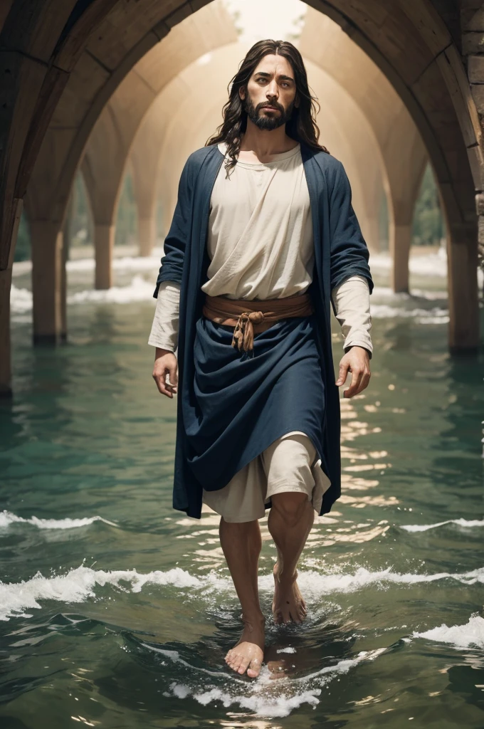 Generates a realistic image of Jesus with his feet in the water 