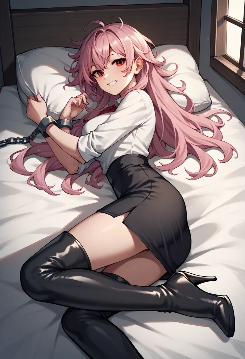 score_9, score_8_up, score_7_up, score_6_up, score_5_up, score_4_up, source_anime, 1girl, to call to yourself, bed, she was lying down, pink hair, long hair, red eyes, shackles, chains, putting arms, smile, messy hair, white shirt, bracelets, skirts, black thigh high boots, heels, room, night, windows, best quality, best res, 4K UHD,
 