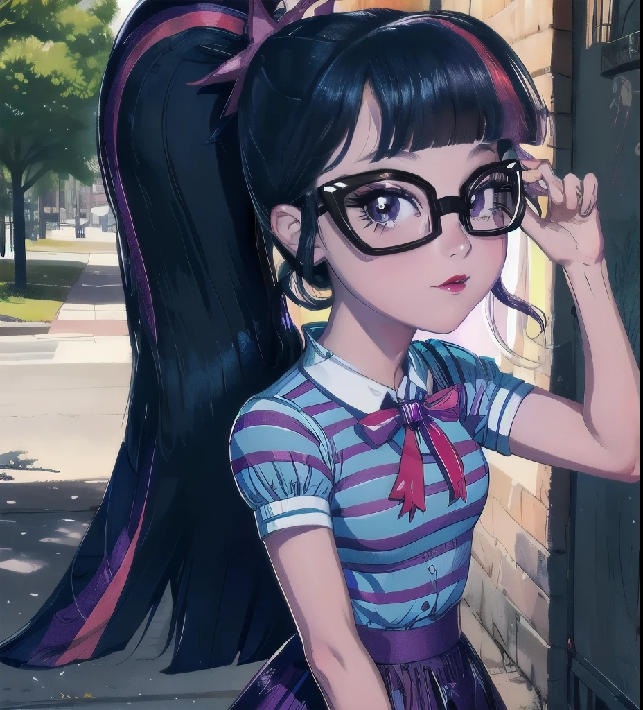 Twilight Sparkle, twilight Sparkle from my little pony, twilight Sparkle in the form of a girl,striped shirt, purple skirt with stars, pink neck bow, glasses, ponytail, street, sunshine, summer