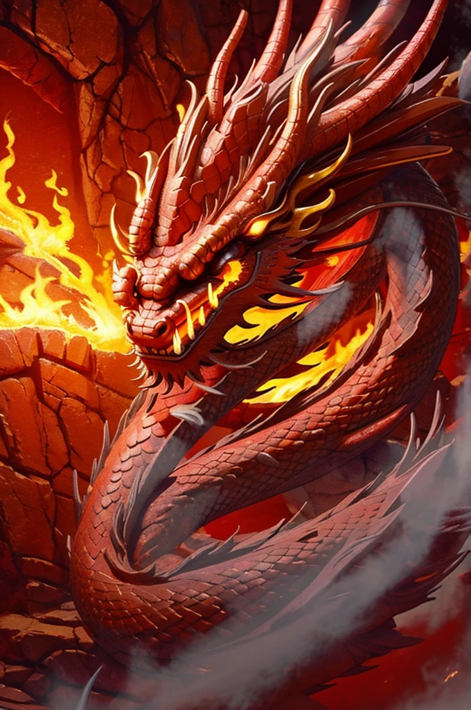 Dragon made of pure fire turned slightly to the right, made of pure fire, facing slightly to the right, close up, red dragon, dragon extremely close to the viewer, open mouth, Chinese Dragon,