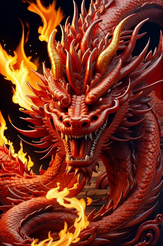 Dragon made of pure fire turned slightly to the right, made of pure fire, facing slightly to the right, close up, red dragon, dragon extremely close to the viewer, open mouth, Chinese Dragon,