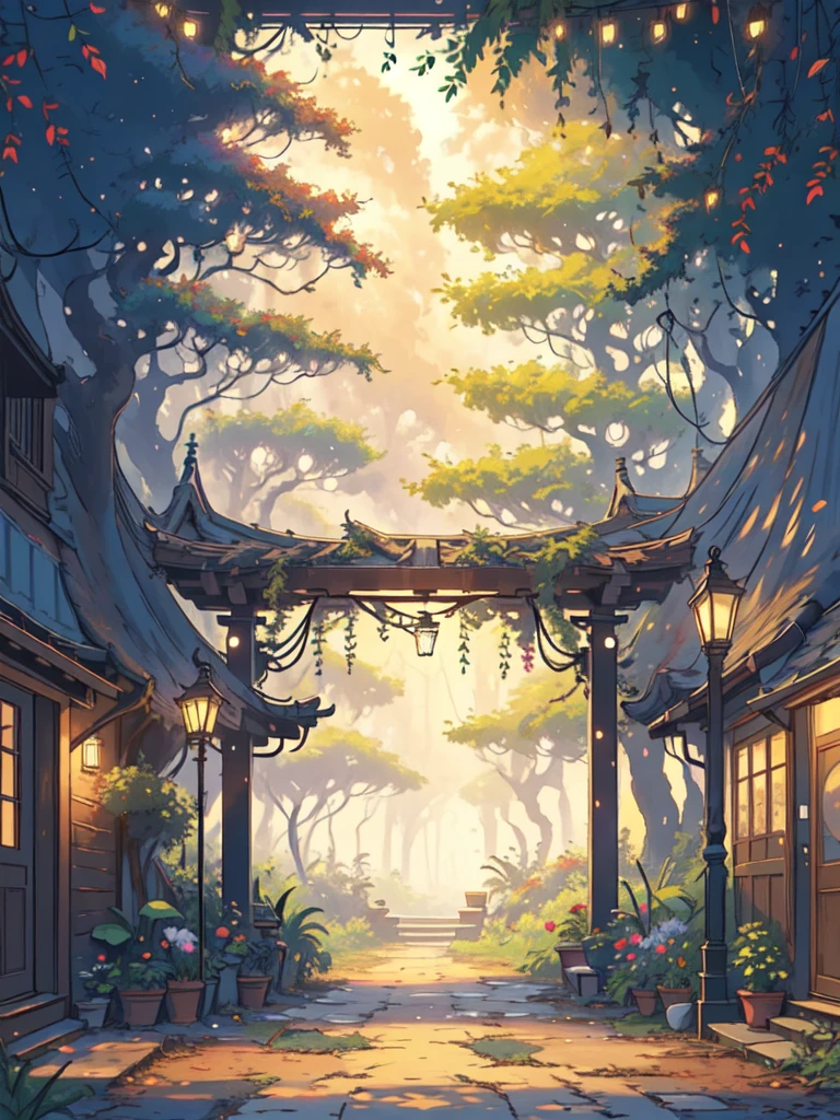super wide perspective, string lights, hanging pots, ghibli anime scene, coffee shop in the woods, moody weather, leaves falling from tree, light bubble around street light, under a big banyan tree, street light, poles and wires, tropical leafy plant pots, menu board, sign board, long grass with wild flowers, in the middle of nowhere, vibrant color tones, ghibli style, no humans, scenery, masterpiece, high resolution