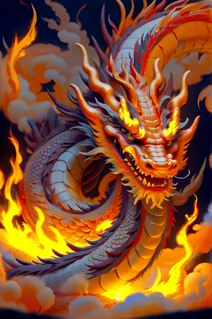 Dragon made of pure fire turned slightly to the right, made of pure fire, facing slightly to the right, close up, red dragon, dragon extremely close to the viewer, open mouth, Chinese Dragon,