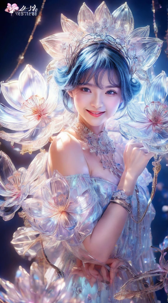 tmasterpiece,Highest high resolution,((((Bow your head and smile)))),Dynamic avatar of a beautiful aristocratic girl,Blue hair is gracefully curled,(((Wearing a crown of huge flowers、Bucket Hat,jewely,Diamond necklace))),Purple clear eyes,(((Hair is covered with beautiful and delicate floral craftsmanship, Crystal Jewelry Filigree))),Ultra-detailed details。sexy,seductress,queen of seduction