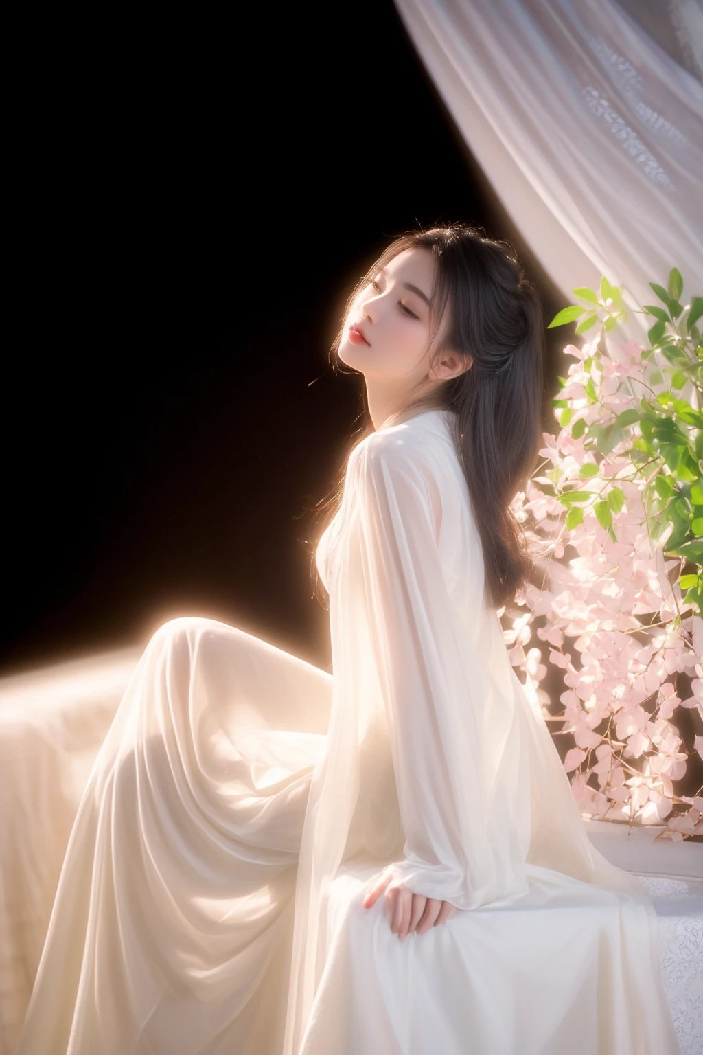 there is a woman sitting on a window sill with a white dress, soft ethereal lighting, ethereal beauty, with ethereal light, ethereal lighting - h 0, ethereal and dreamy, a stunning young ethereal figure, ethereal glow, very ethereal, dreamy and ethereal, ethereal back light, ethereal light, white hanfu, ethereal!!!!!!!, ethereal!!!, by Leng Mei