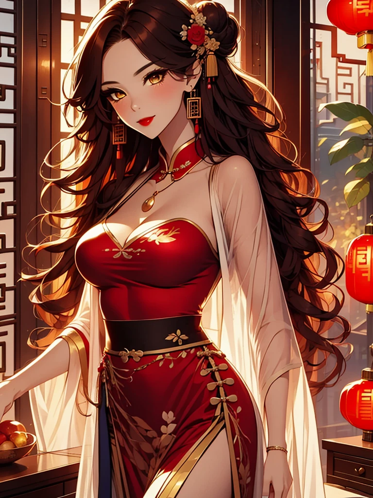 score_9, score_8_up, score_7_up, score_6_up, score_5_up, score_4_up, Xian Mei, golden eyes, red curly hair, tied hair, hair in a bun, hairpin, traditional Chinese red wedding dress, necklace, dangling earrings, long earrings, red lipstick, detailed eyes, traditional wear, sexy attractive, hot, traditional, smiling, happy, blushing, red veil,