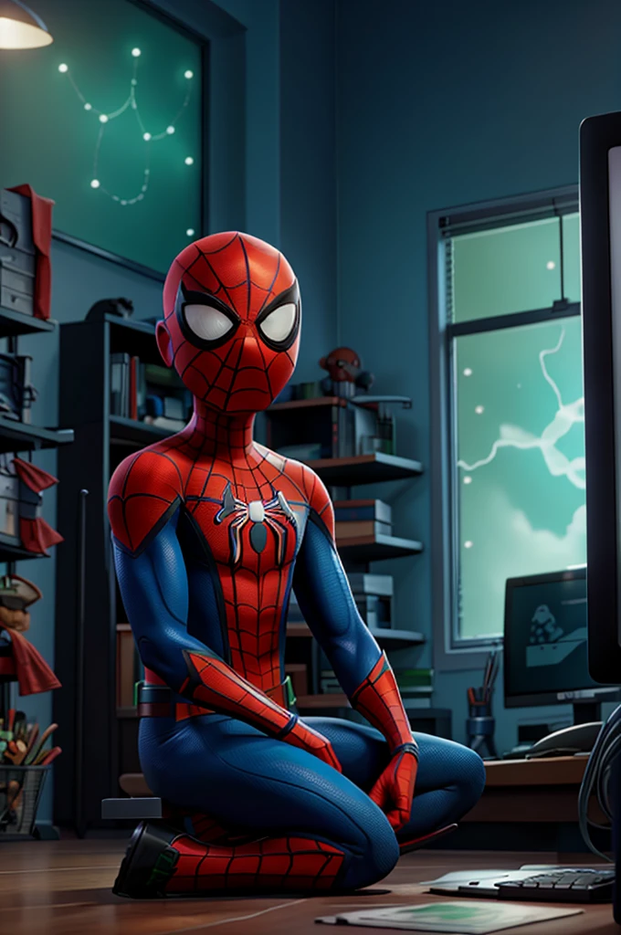 Spider-Man sitting in front of the computer, with blue and green lights, professional photo, winning photo, 8k