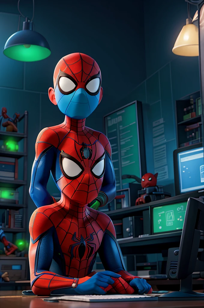Spider-Man sitting in front of the computer, with blue and green lights, professional photo, winning photo, 8k