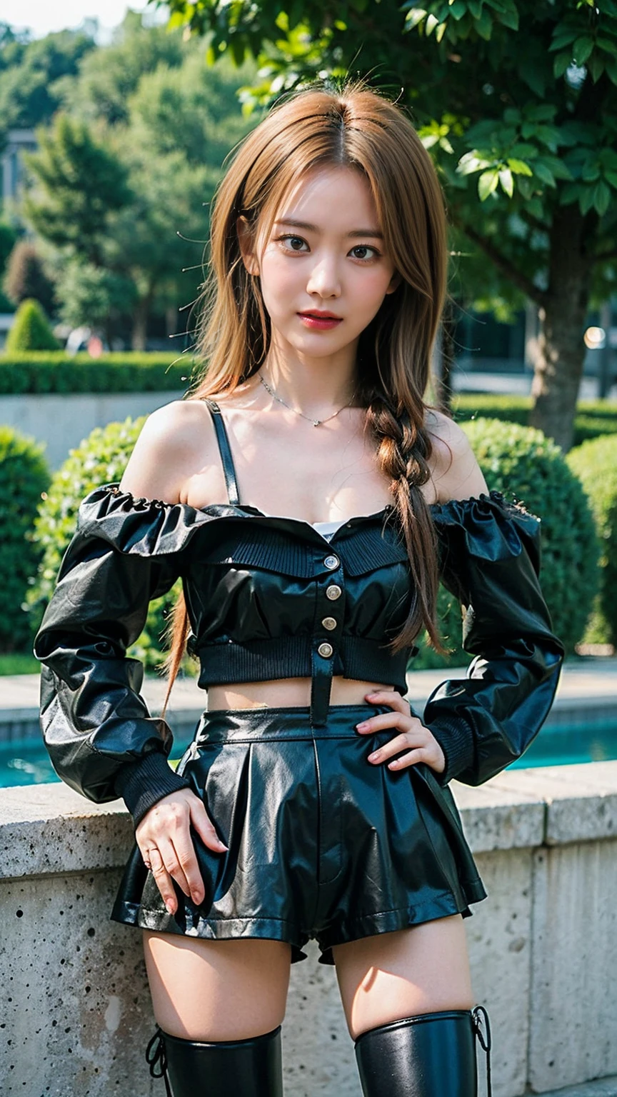 (8k、RAW Photos、Highest quality、masterpiece:1.2)、(Highest quality、Realistic)、1 Girl、((Frills、Black shorts、leather、Blonde、Off the shoulder、Idol Costume、ribbon、See-through、Thin legs、whole body、boots、garden、View from the front、Looking into the camera、Stand with hands on hips))、cute