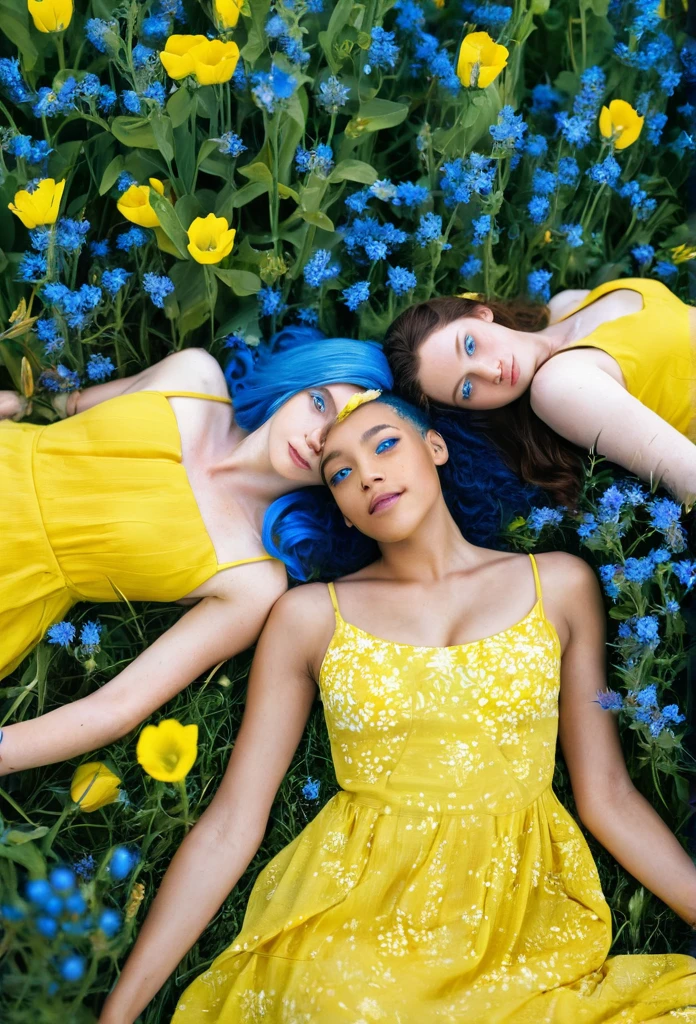 1 biracial women with blue hair and blue eyes with 1 white woman in yellow dress, lay in a field of blue flowers