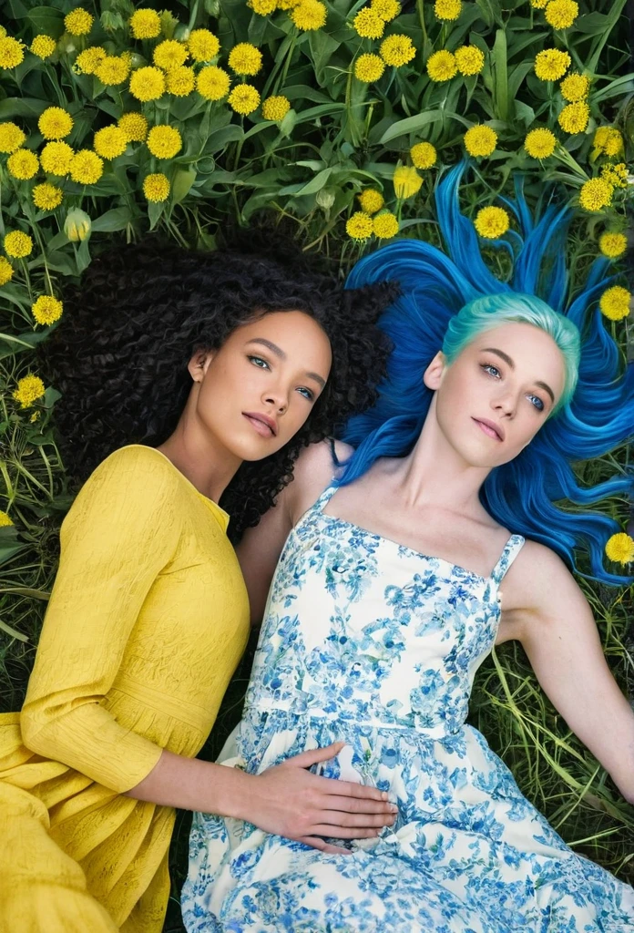 1 biracial women with blue hair and blue eyes with 1 white woman in yellow dress, lay in a field of blue flowers