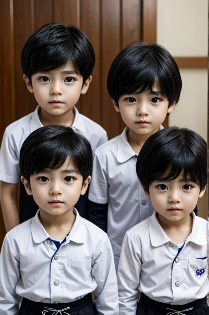 Children 2 Korean ascending twin boys 7 years realistic black eyes black hair 