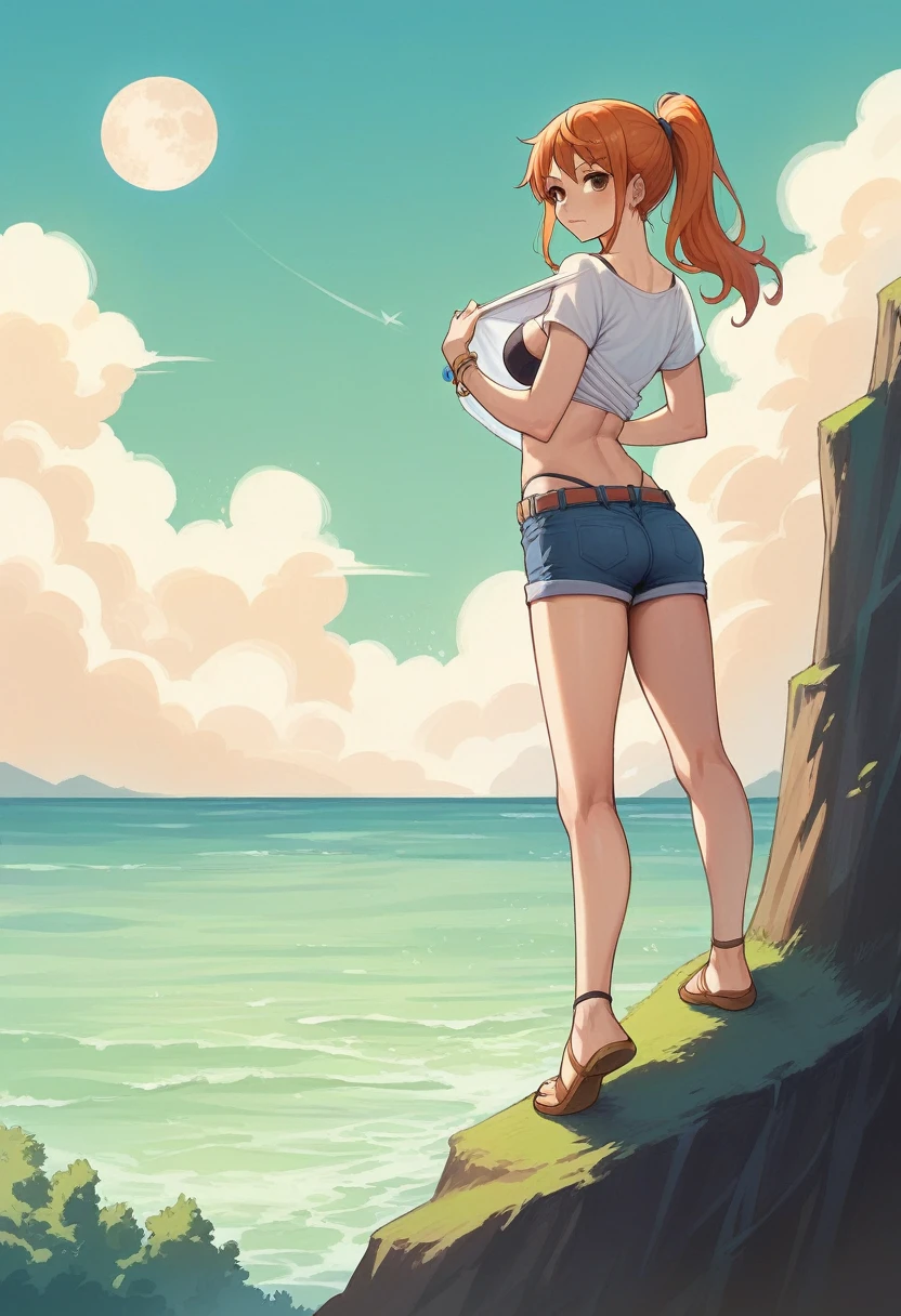 1girl, ar by Eiichirio Oda, midnight, half moon, nami standing on the edge of a cliff, nami is wearing a cropped t-shirt, the t-shirt is tight and orange colour, short denim, ponytail, bra strap visible on shoulder, looking back at the viewer, lifting up t-shirt, full body image, sea after the cliff