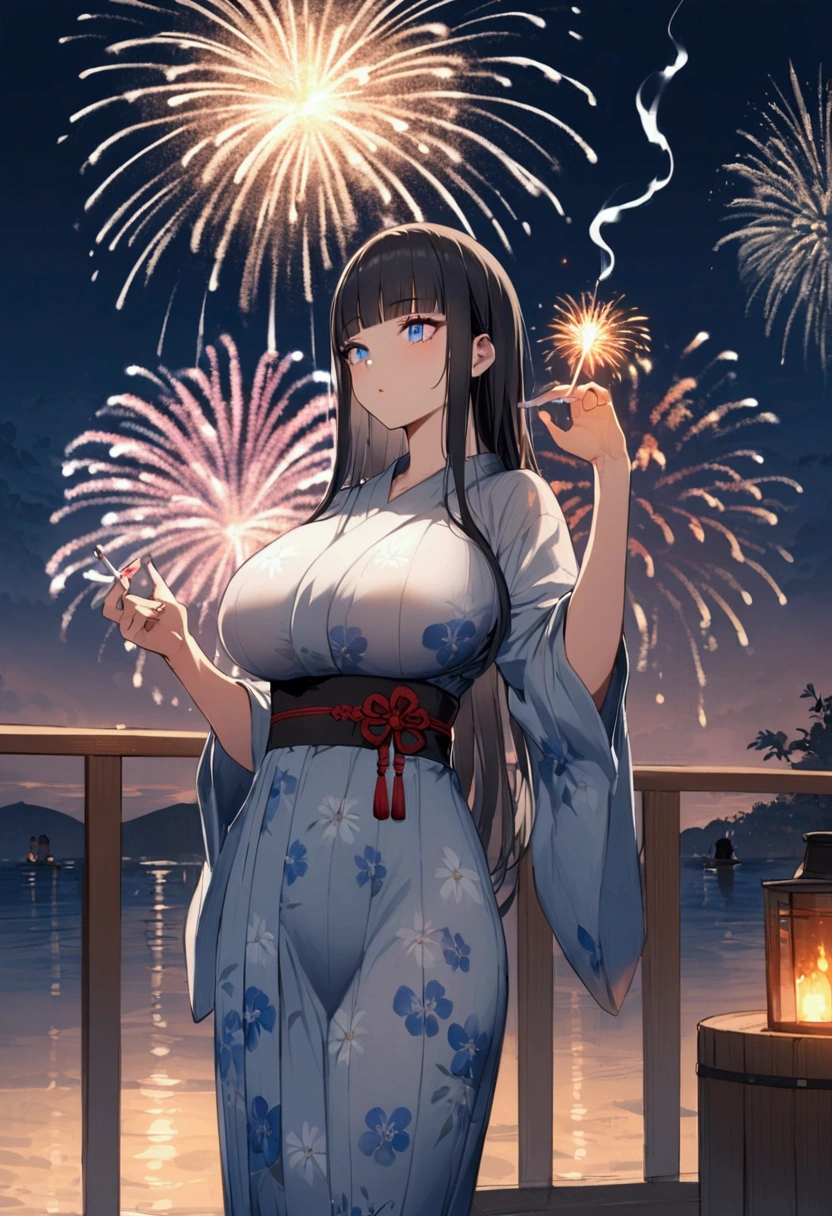 Hime cut with long black hair、Full-body illustration of a girl with straight bangs and blue eyes、Have big breasts、Wearing a yukata、Watching the fireworks explode、Smoking a cigarette、