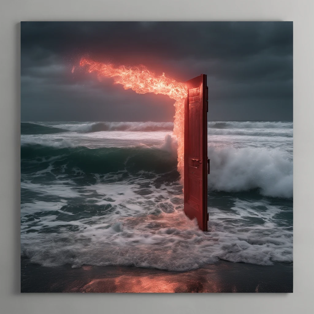  A photo of a glowing door on the sea, with red LED lights in the door frame amidst the turbulent waves. The huge waves are crashing against it. Red light with a dark gray sky background, using Fuji Super X-TRA 400 film, natural light, super realistic. The realistic style of photos must convey energy and movement, just like what is captured in games --ar 1:2 --stylize 50