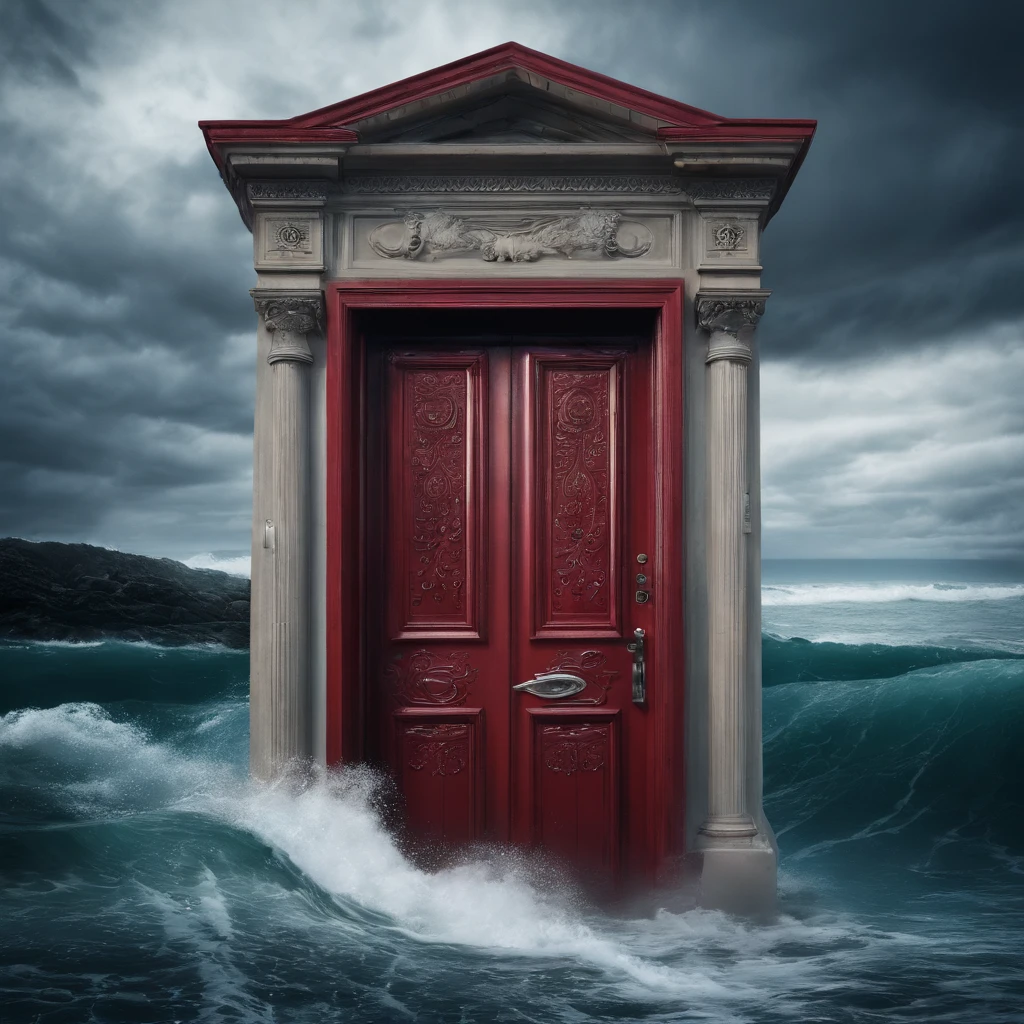  A photo of a glowing door on the sea, with red LED lights in the door frame amidst the turbulent waves. The huge waves are crashing against it. Red light with a dark gray sky background, using Fuji Super X-TRA 400 film, natural light, super realistic. The realistic style of photos must convey energy and movement, just like what is captured in games --ar 1:2 --stylize 50