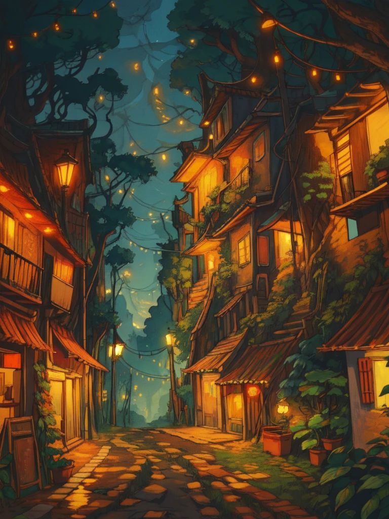 super wide perspective, string lights, hanging pots, ghibli anime scene, coffee shop in the woods, moody weather, leaves falling from tree, light bubble around street light, under a big banyan tree, street light, poles and wires, tropical leafy plant pots, menu board, sign board, long grass with wild flowers, in the middle of nowhere, vibrant color tones, ghibli style, no humans, scenery, masterpiece, high resolution 