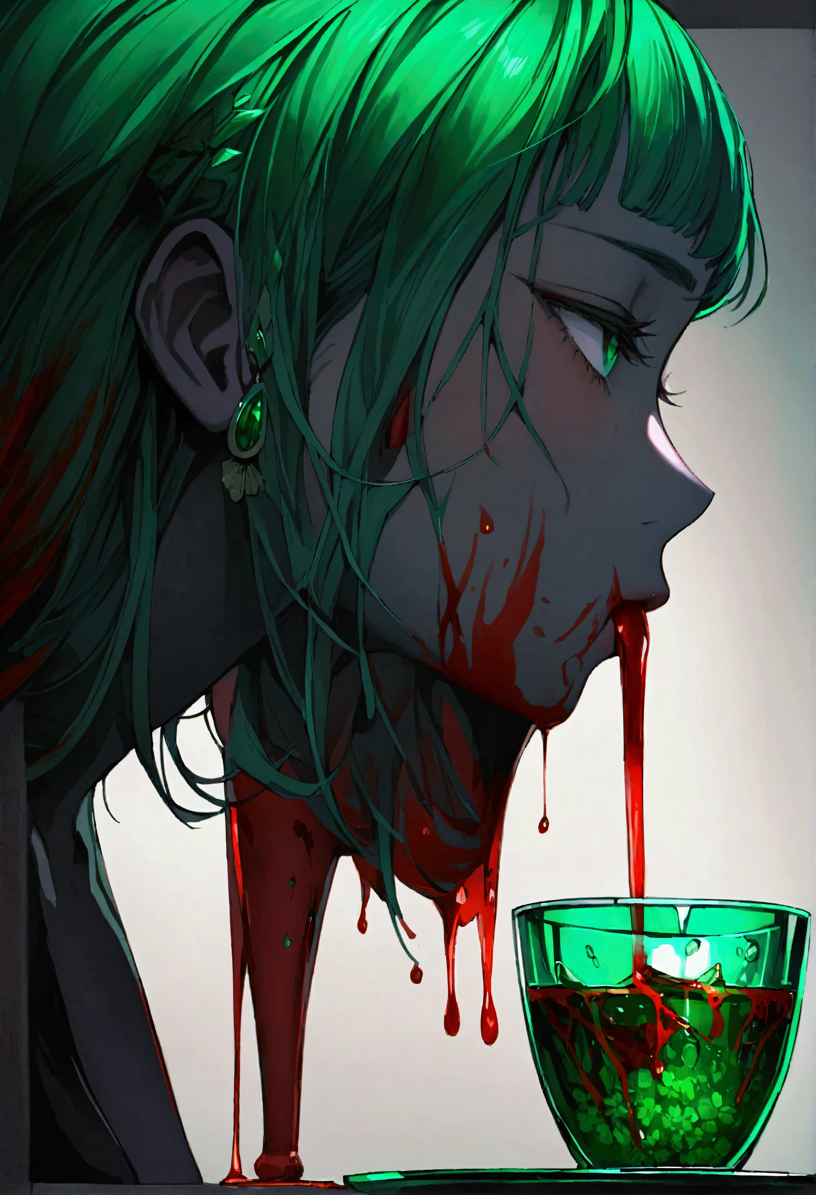 (blood sacrifice:1.5),(far profile:1.1),(emerald cup:1.2),(1 black demon),vomiting blood into the cup,1 beautiful girl and 1 black demon
