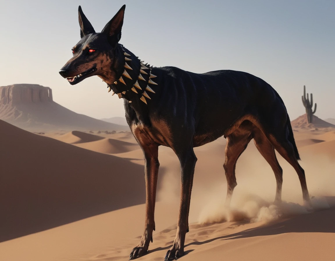 full body portrait of a realistic black jackal, anubis, pharaoh hound, silken windhound hybrid beast, red eyes, trotting motion, mysterious desert scenery, full body, cinematic, render, 8k, unreal engine, realistic, masterpiece, high detail, full body, low life, extremely intricate, extreme detail, volumetric lighting