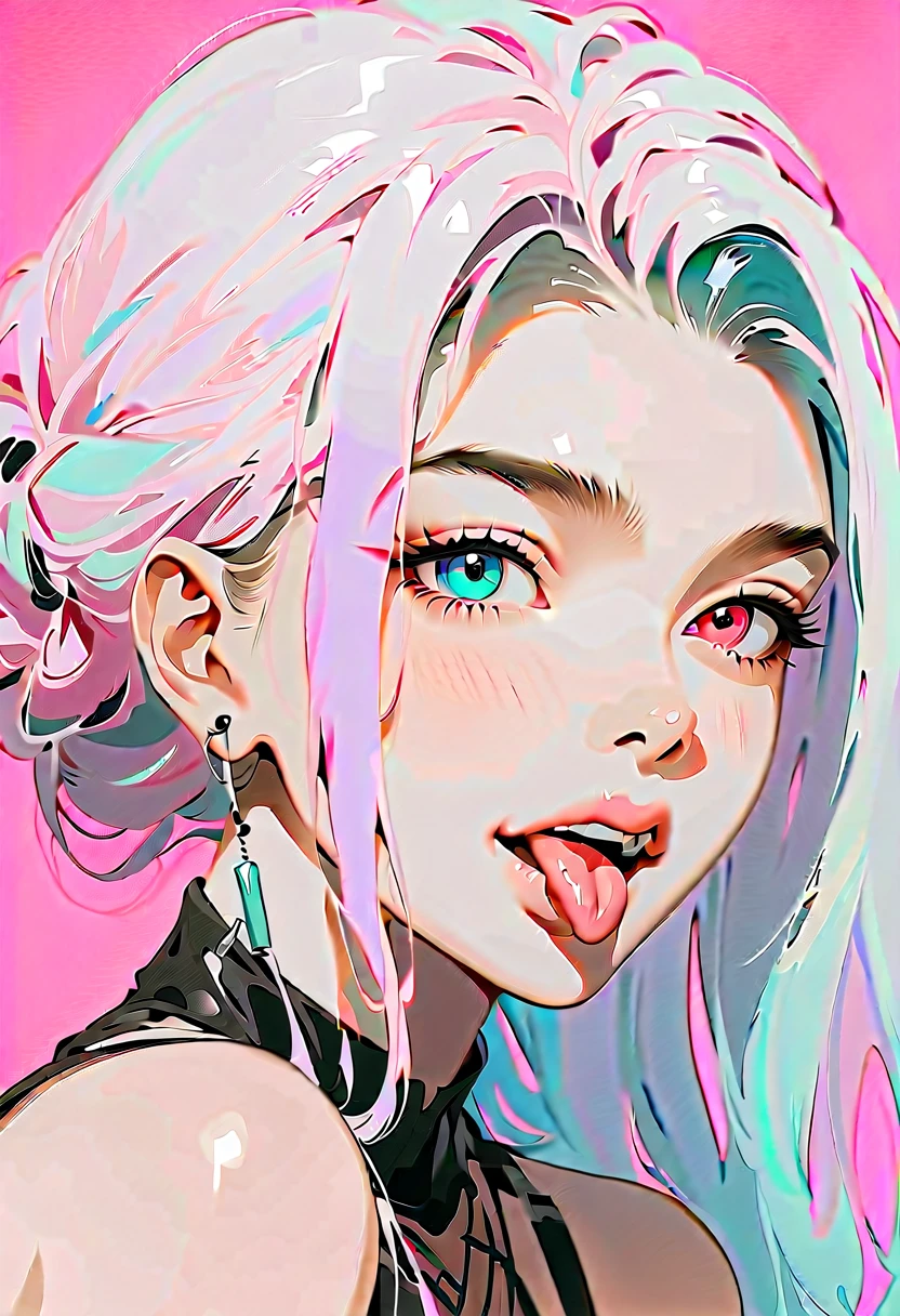 (masterpiece, best quality:1.2), 1 girl, 独奏, watercolor(medium), Anime style, Heterochromia, Laughing, lips pink, Stick out your tongue, Cyberpunk style makeup, Different color double ponytail hairstyle, Long bangs on one side, Purple and pink background.
