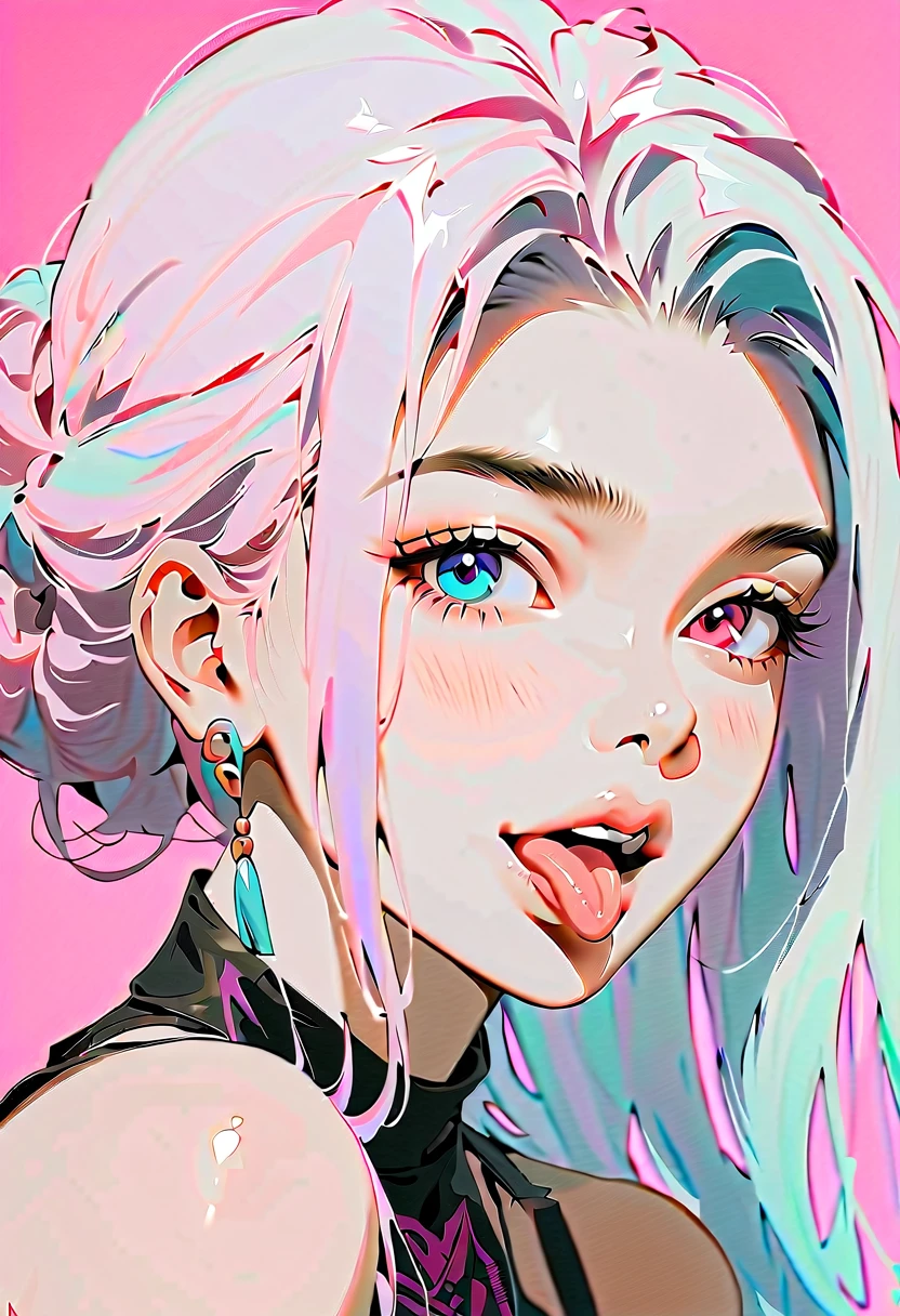 (masterpiece, best quality:1.2), 1 girl, 独奏, watercolor(medium), Anime style, Heterochromia, Laughing, lips pink, Stick out your tongue, Cyberpunk style makeup, Different color double ponytail hairstyle, Long bangs on one side, Purple and pink background.