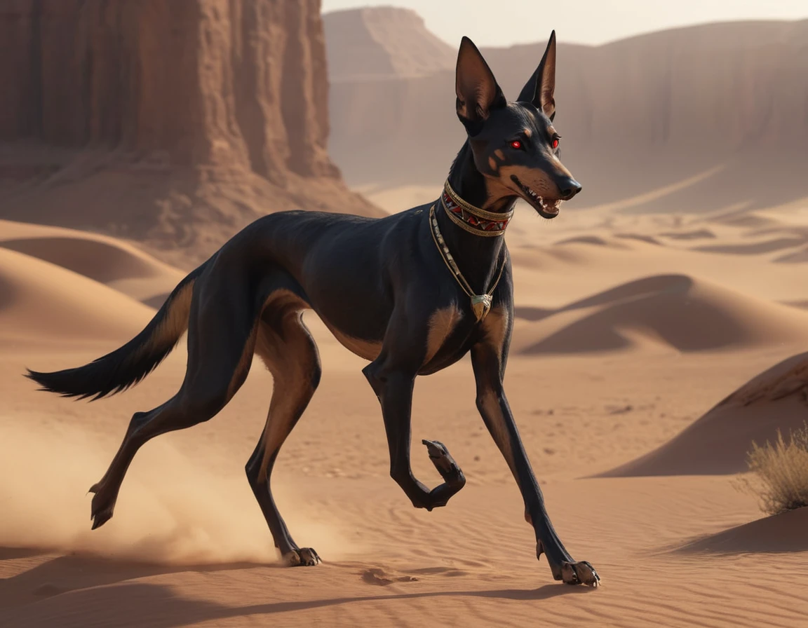 full body portrait of a realistic black jackal, anubis, pharaoh hound, silken windhound hybrid beast, red eyes, trotting motion, mysterious desert scenery, full body, cinematic, render, 8k, unreal engine, realistic, masterpiece, high detail, full body, low life, extremely intricate, extreme detail, volumetric lighting