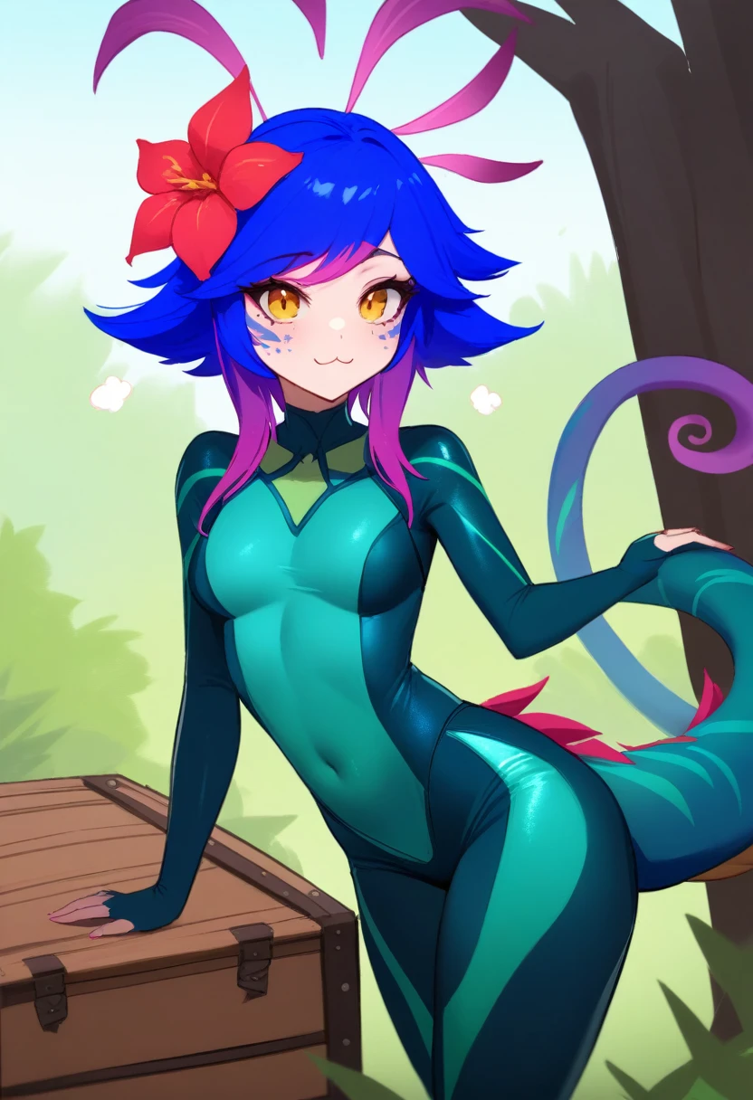 work of art, best qualityer, 1 girl, (realisitic:0.2) Neeko, colored fur, multicolored hair, hair ornament, hair flower, necklase, tummy, lizard tail, facial mark, trunk, woods, looking ahead at viewer, blue sky, incredibly tight outfit, very small clothes, tiny outfit, latex clothing, latex bodycon dress, sexly, orgasm face, :3