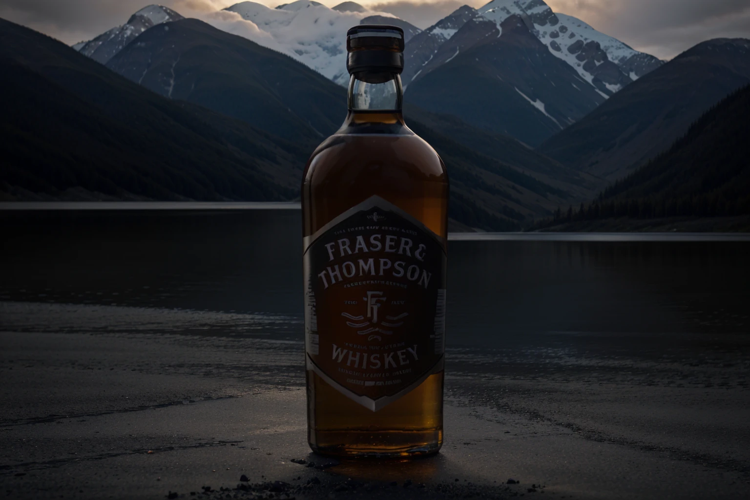  keep the bottle exactly as it is, with its black label and the color of the whisky, change the white background to a scene of mountains and the Fraser River in Canada