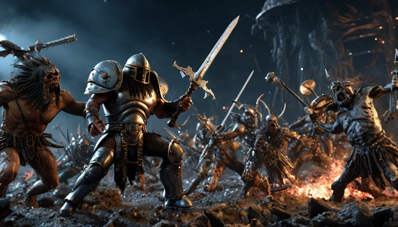(3D rendering:3.1) in (medium full shot:3.1) of lot of characters from (metal hurlant magazine:3.1), inspired by style of Greg Rutkowski art, barbarian warriors in battles with swords and shields in external battlefield against space creatures (with Creepy, Sci-Fi, Fantasy and Horror:2.9), directed by ridley scott (Cinematic:3.1), horror movie, horrified, terrified, insane, disgusting, disturbing, Impactful, cgsociety, hyper-detailed, digital illusions, cyberspace, photorealistic, arts visuals. Ultra detailed, RAW photo, artstation style, concept art, (masterpiece:2.9), 8k, realistic textures, (3D rendering:3.1)