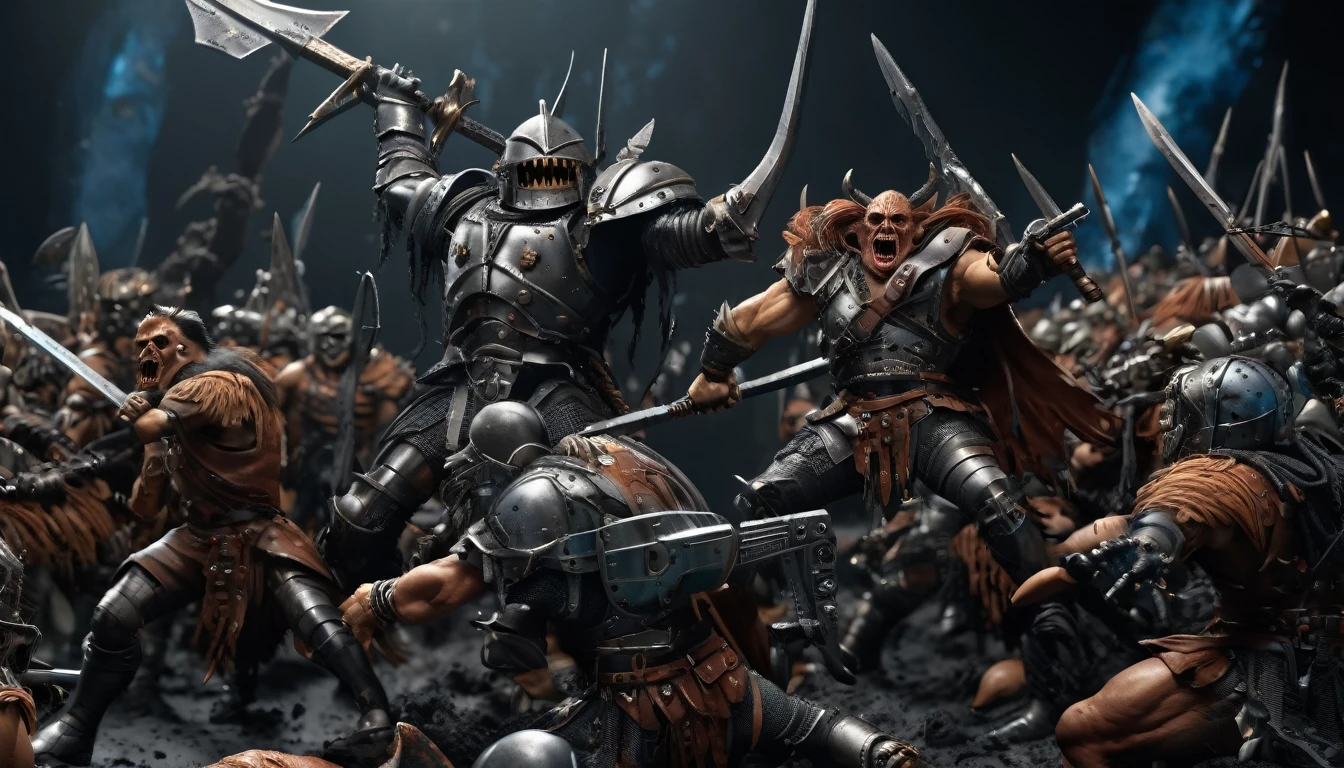 (3D rendering:3.1) in (medium full shot:3.1) of lot of characters from (metal hurlant magazine:3.1), inspired by style of Greg Rutkowski art, barbarian warriors in battles with swords and shields in external battlefield against space creatures (with Creepy, Sci-Fi, Fantasy and Horror:2.9), directed by ridley scott (Cinematic:3.1), horror movie, horrified, terrified, insane, disgusting, disturbing, Impactful, cgsociety, hyper-detailed, digital illusions, cyberspace, photorealistic, arts visuals. Ultra detailed, RAW photo, artstation style, concept art, (masterpiece:2.9), 8k, realistic textures, (3D rendering:3.1)