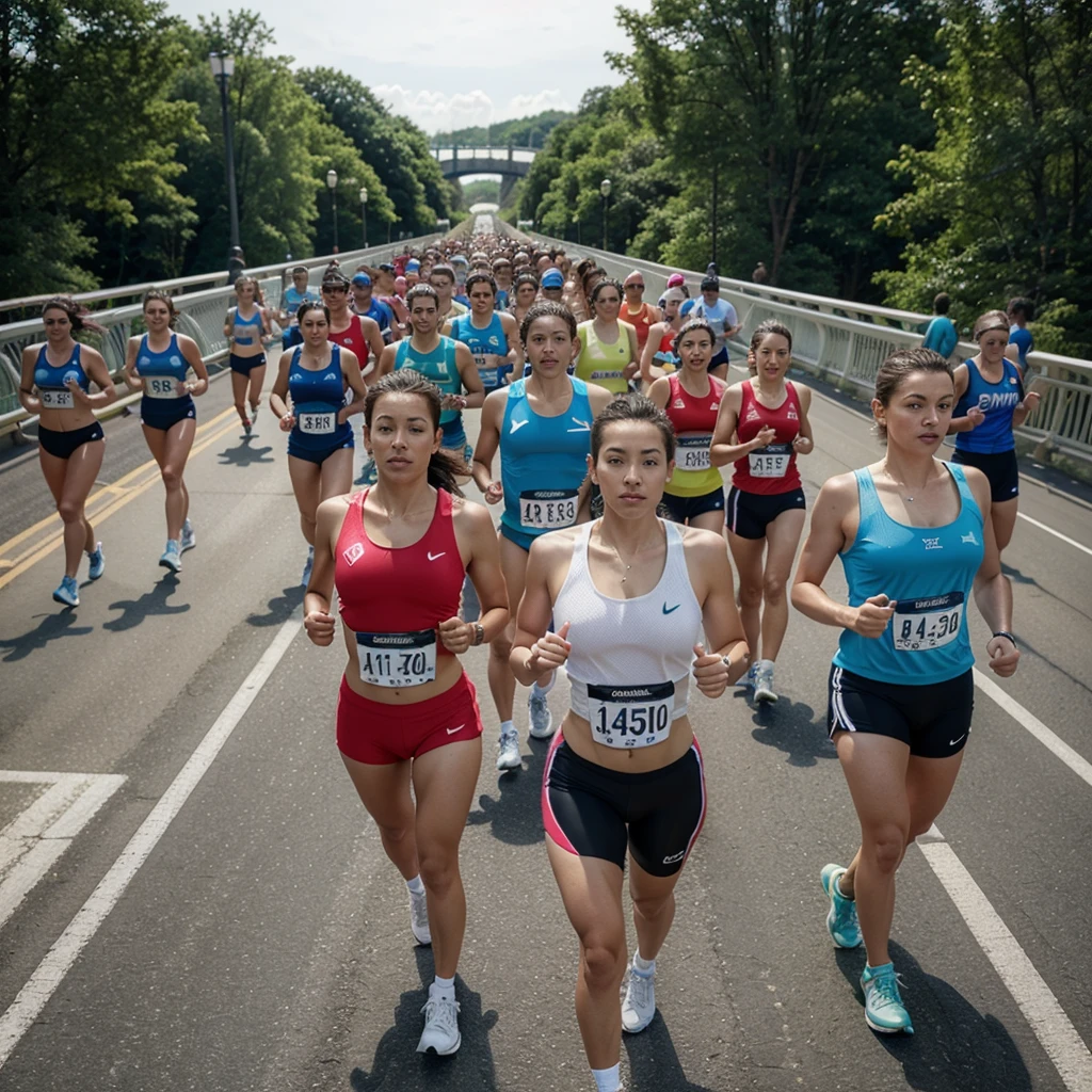 he photo shows a mass race on the bridge. Participants wear colorful sportswear, some with numbers. Many carry bottles of wate