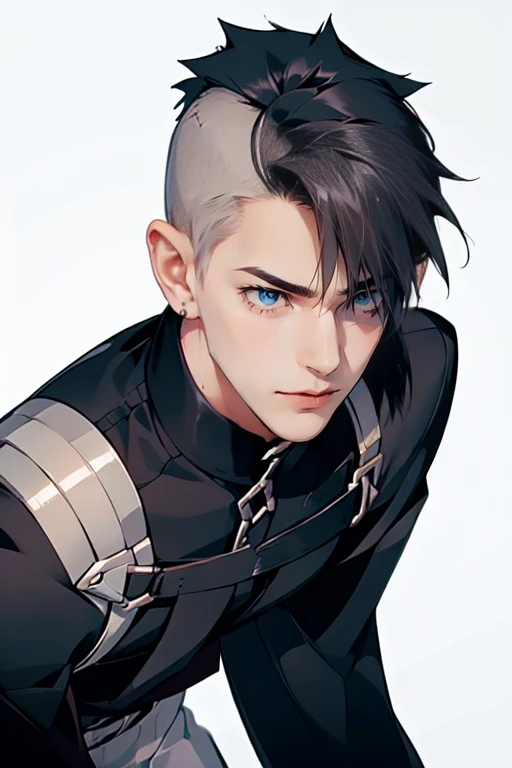 1 male, has eye patch, (tall man, slim, manly, dominate,  shaved head, man blue eyes, tough, wearing a goth outfit, has 1 earring.) best quality, ultra-detailed, illustration, complex, detailed, extremely detailed, detailed face, soft light, soft focus, perfect face, illustration: Full Body